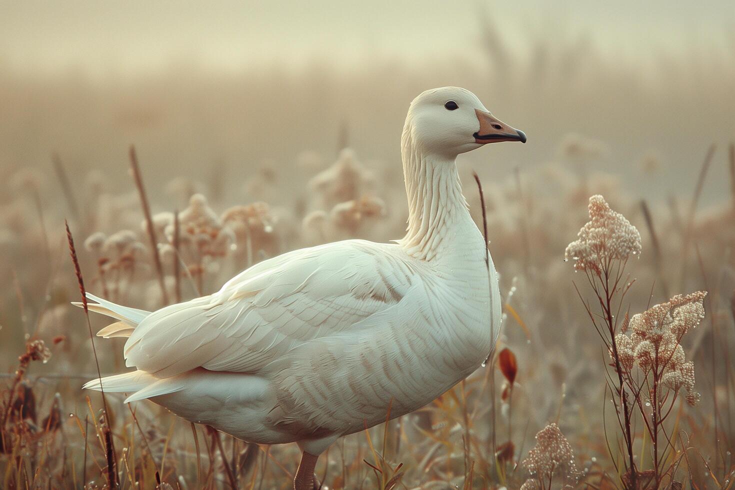 White duck standing on green grass in a field photo