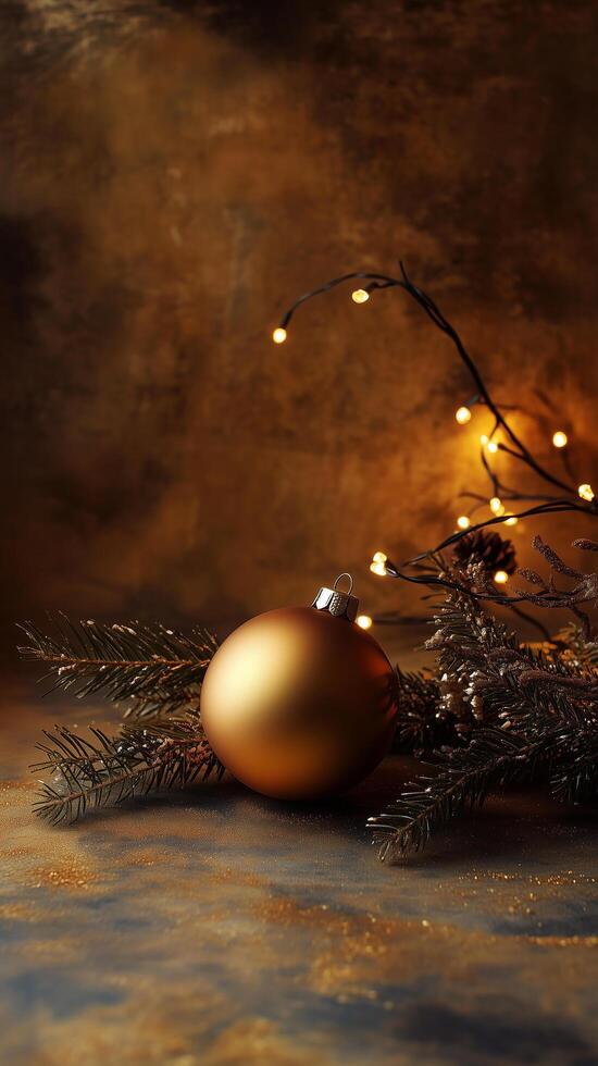 Golden christmas ornament resting near pine branches and string lights on a glittering surface photo