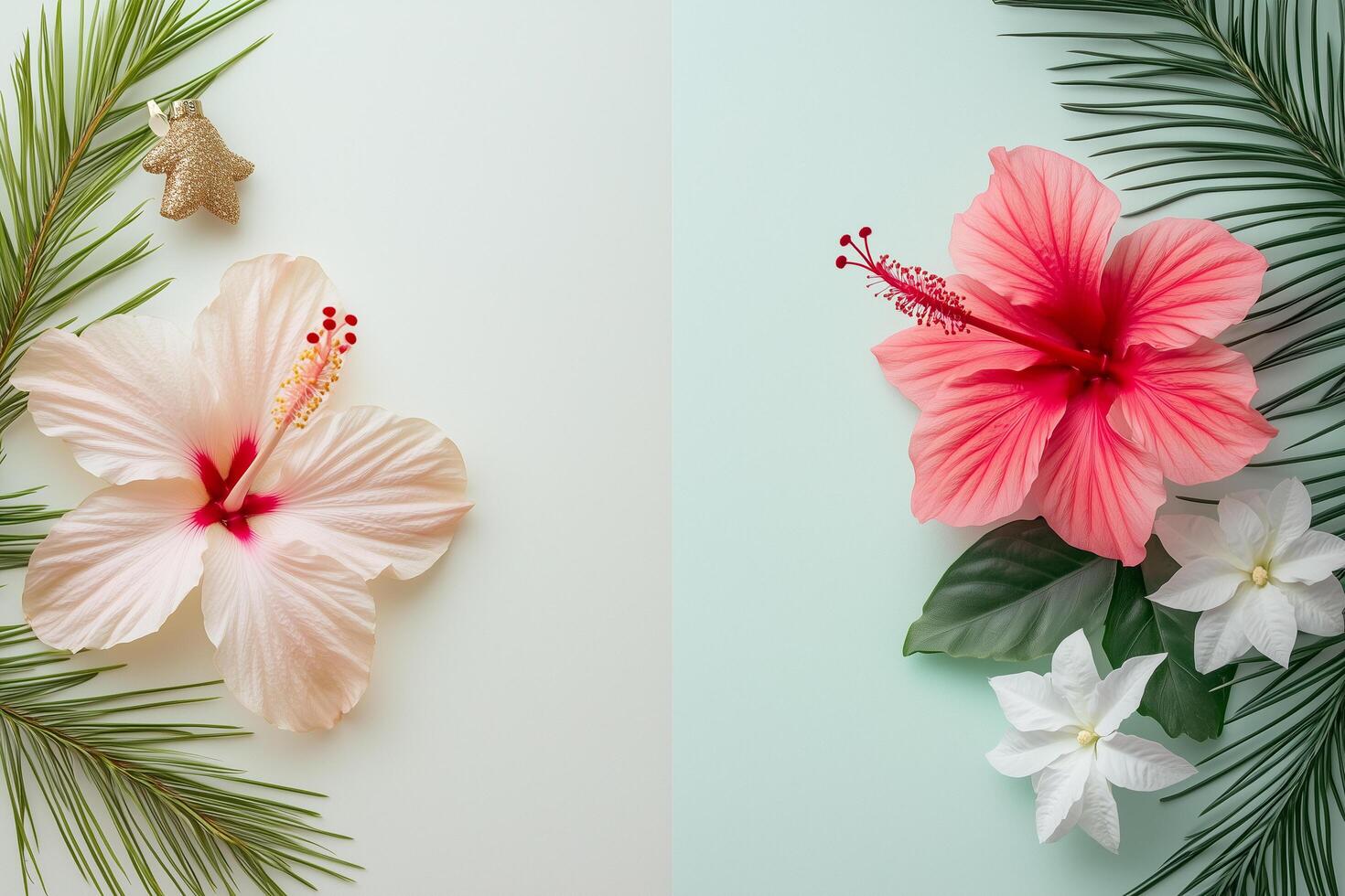Tropical hibiscus flowers and christmas ornament creating festive summer composition photo