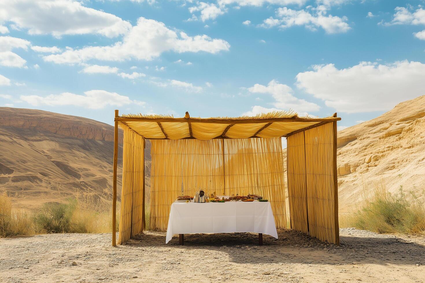 Sukkah standing in the desert celebrating the jewish holiday of sukkot photo