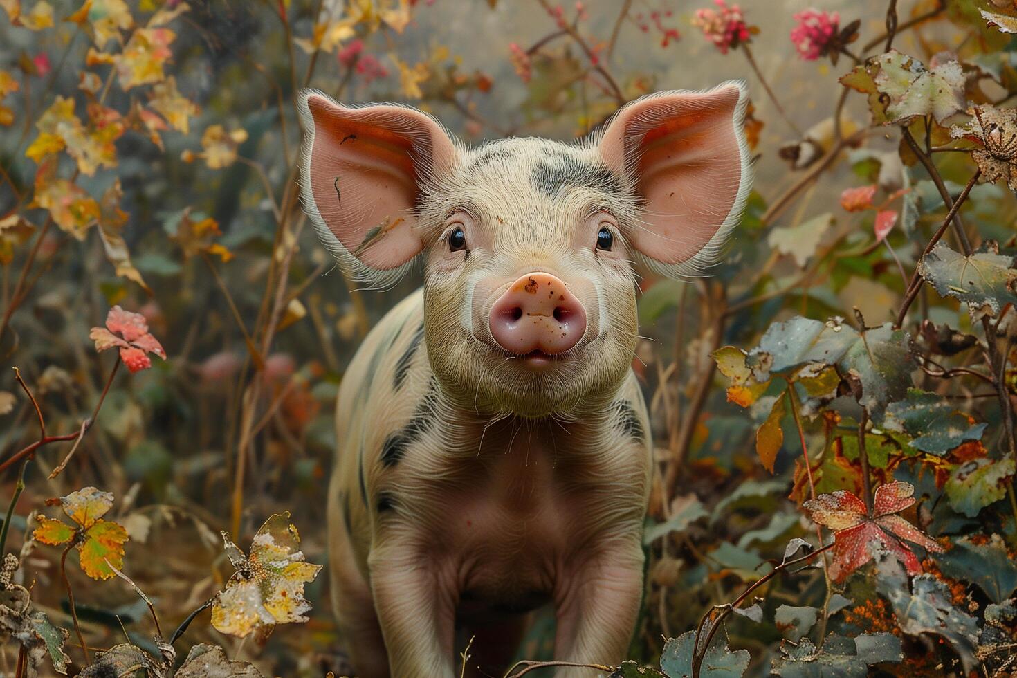 A small pig standing amongst colorful flowers in a field photo