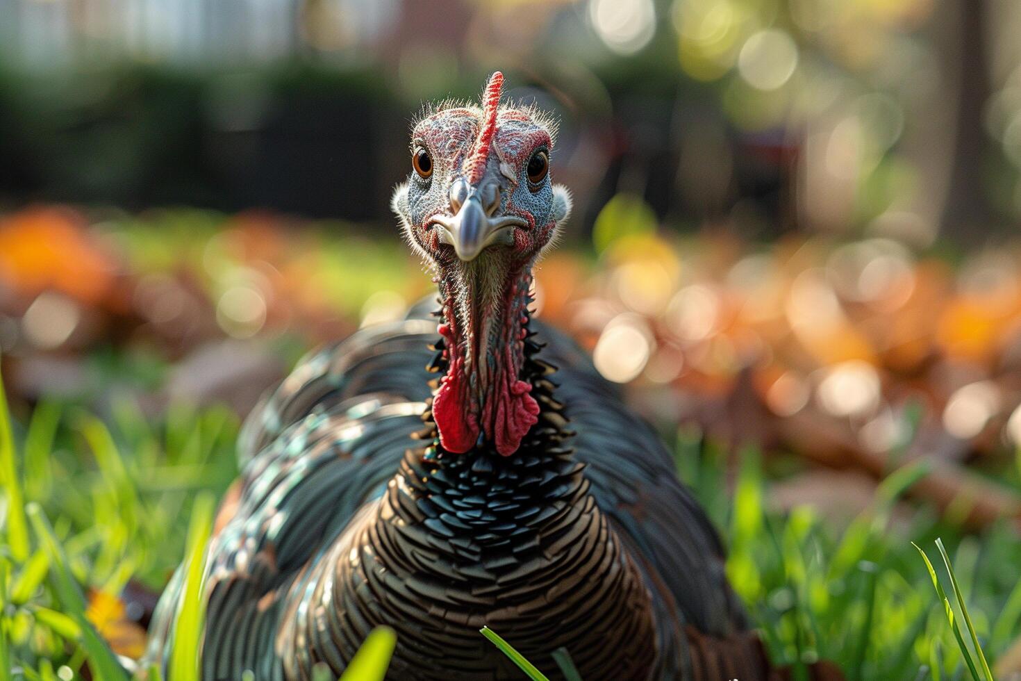 A close up of a turkey foraging for food in a grassy field photo