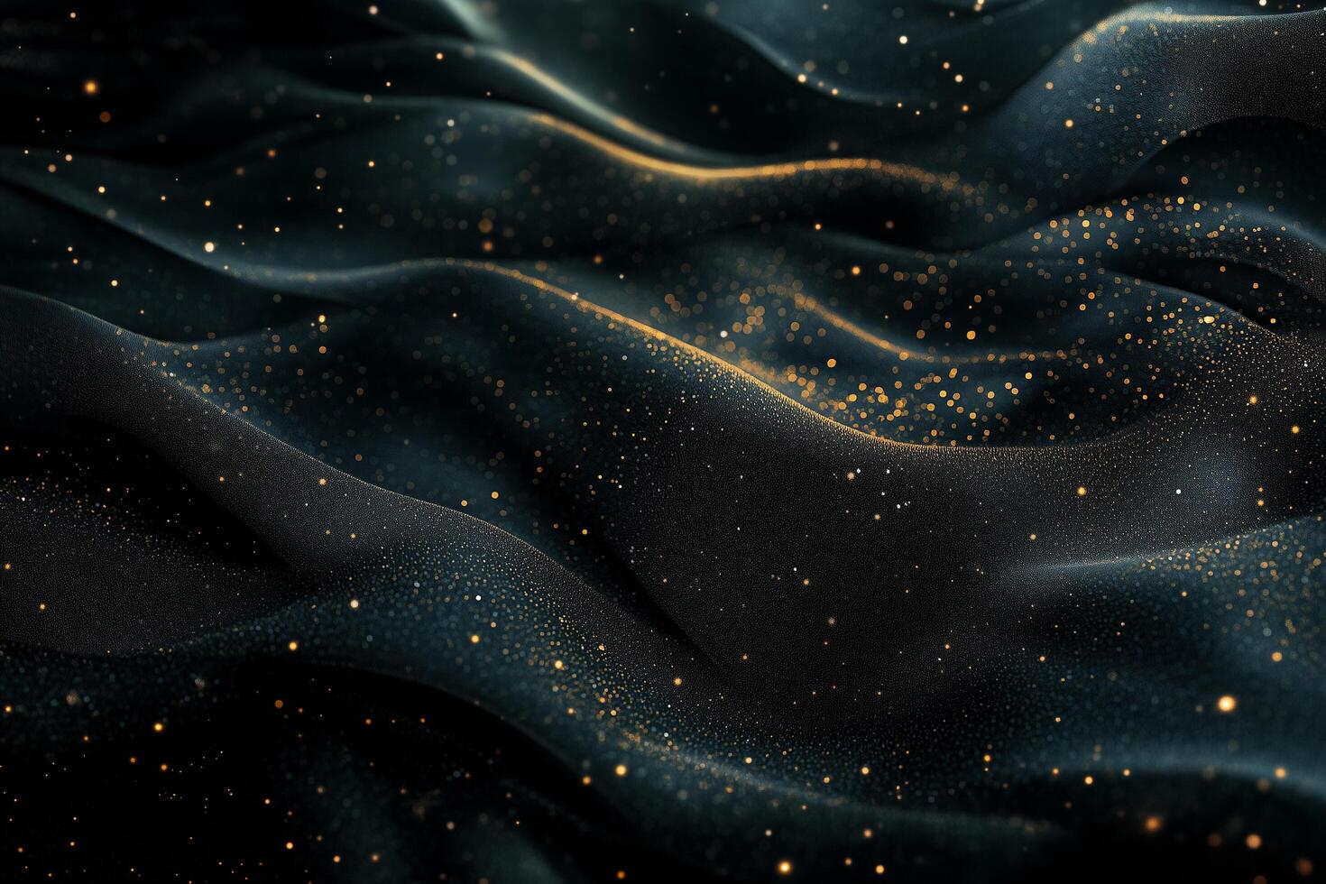Abstract dark blue background flowing fabric with gold glitter particles Christmas, New Year photo