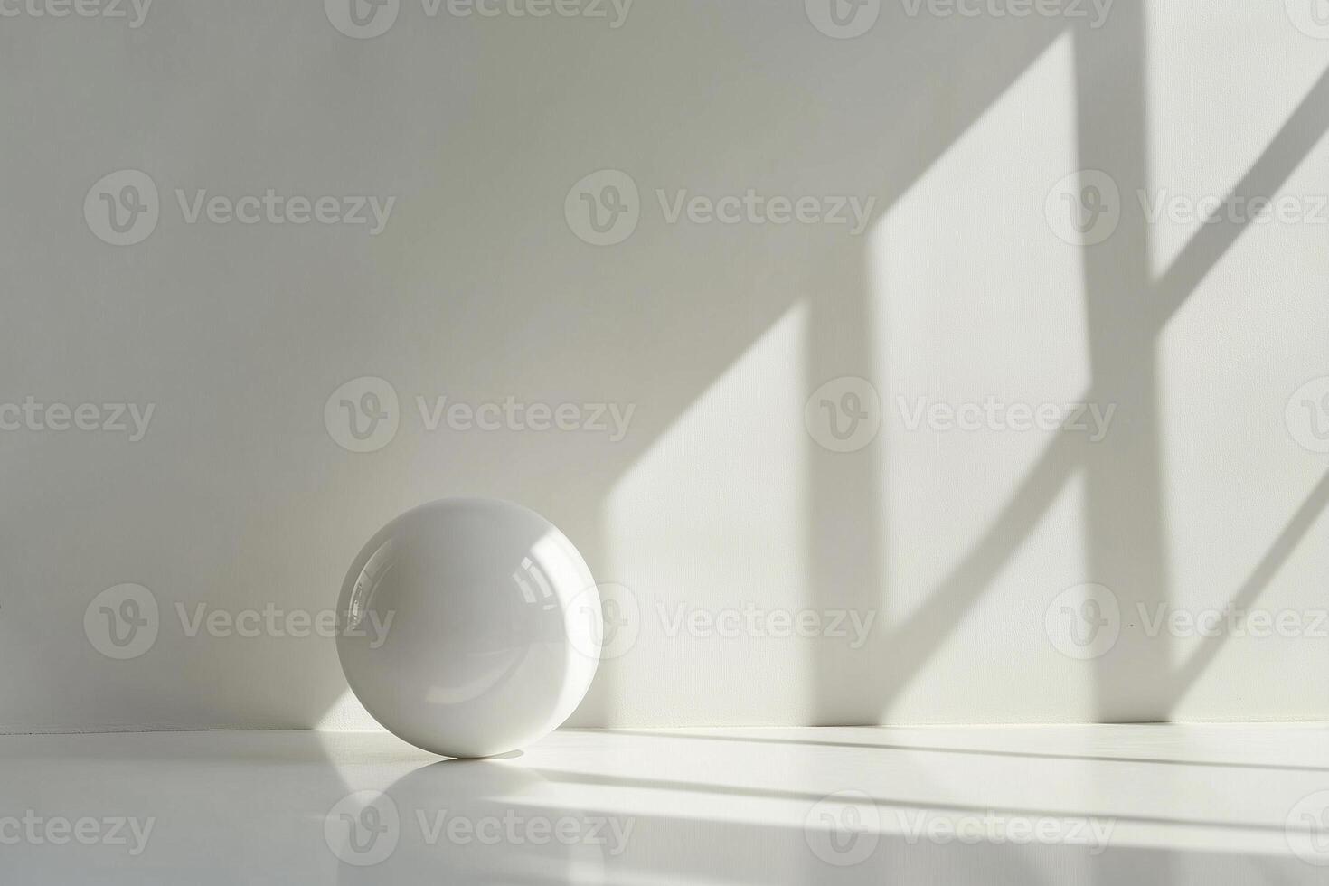 White sphere casting a shadow on white surface with window shadow photo