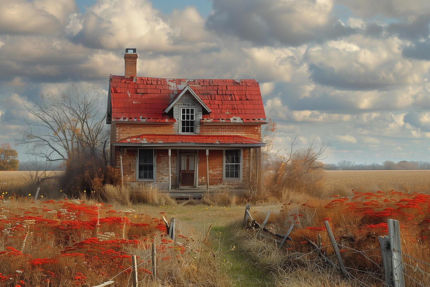 An old house stands amidst a field of red flowers photo