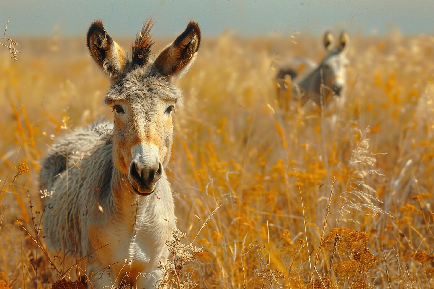 A donkey is standing in a field of tall grass photo