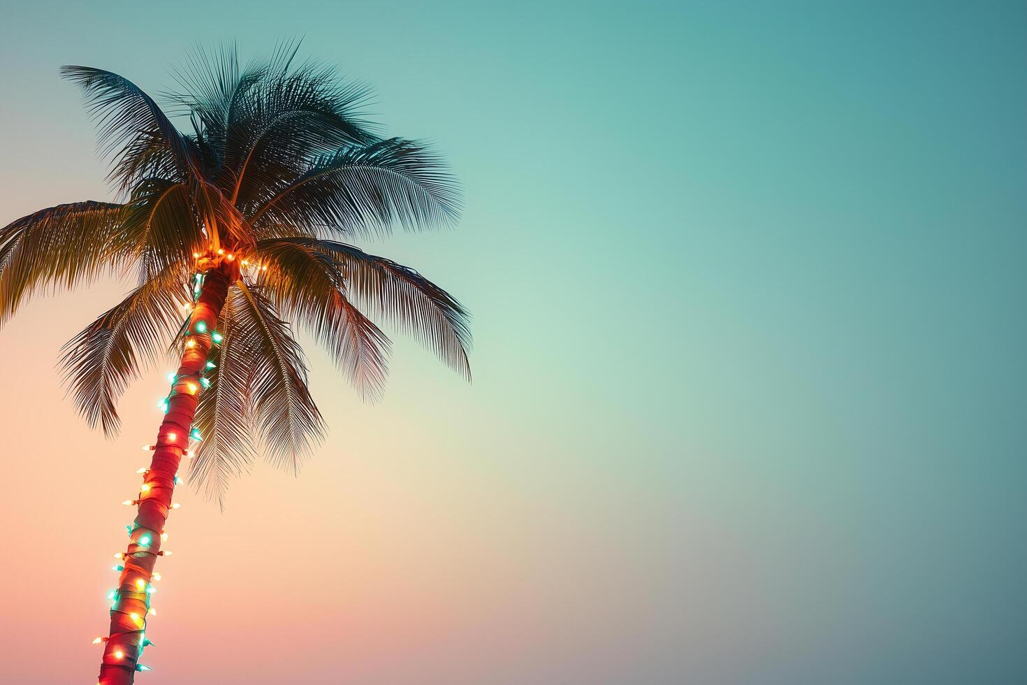 Palm tree decorated with string lights enjoying a pastel sunset sky Christmas, New Year photo