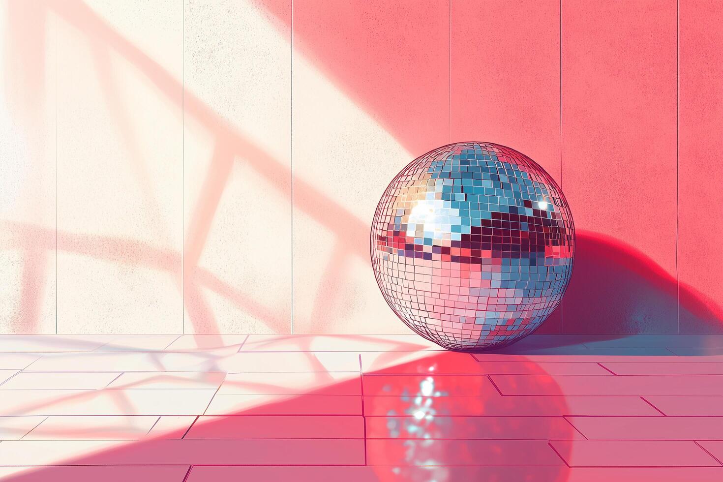 Disco ball casting dramatic light beams in pink room Christmas, New Year photo