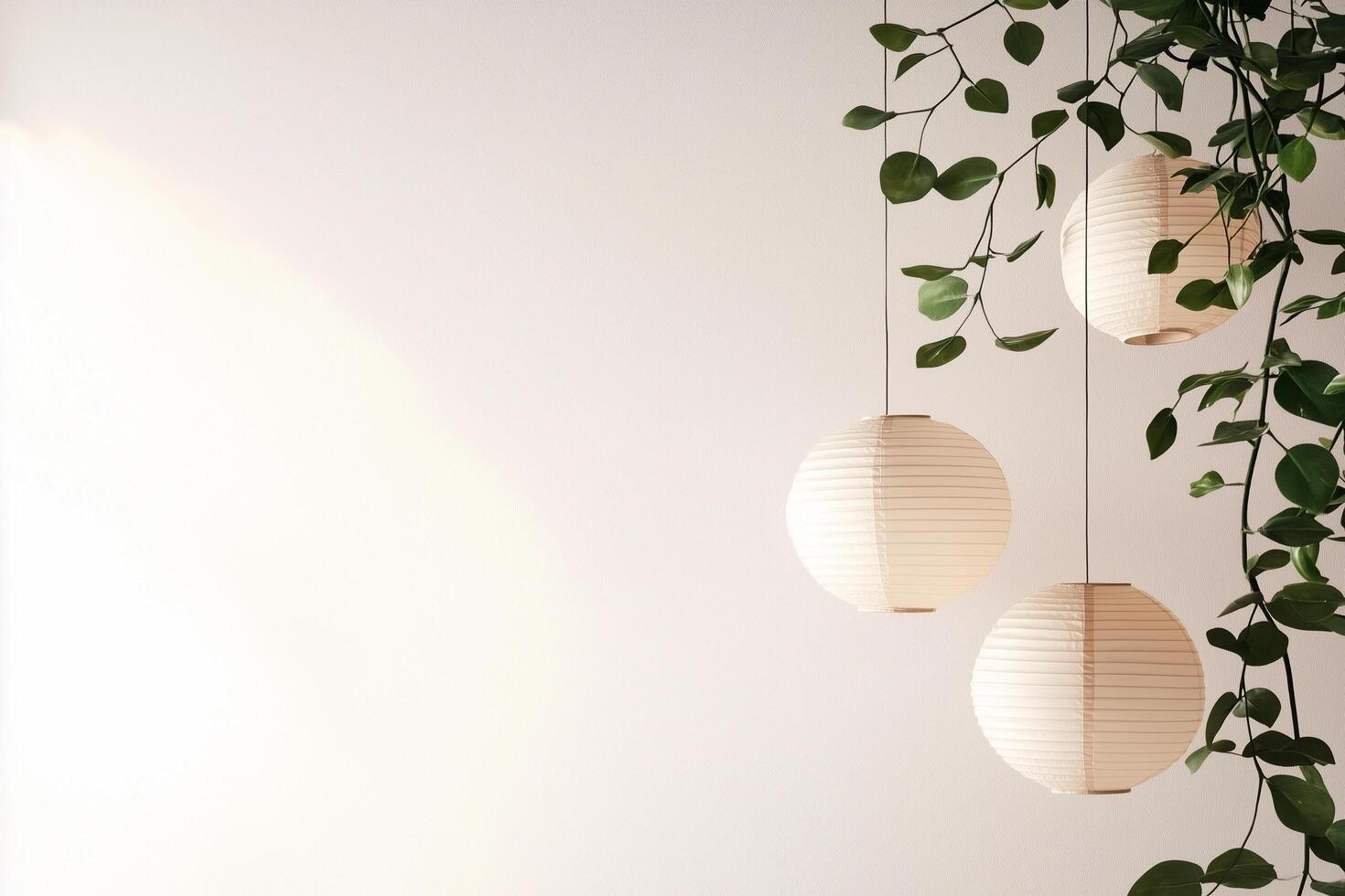 Minimalist interior with hanging paper lanterns and green plant Sukkot photo