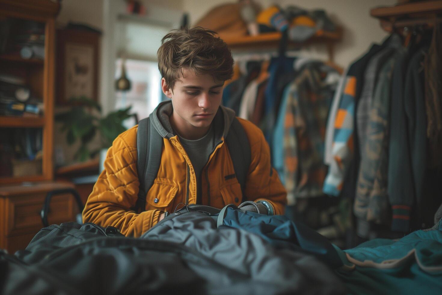 A young man is seated on a bed in a room, appearing to pack belongings into a bag photo