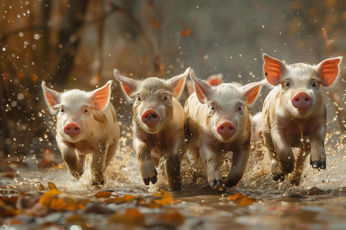 A group of piglets energetically running through a water puddle photo
