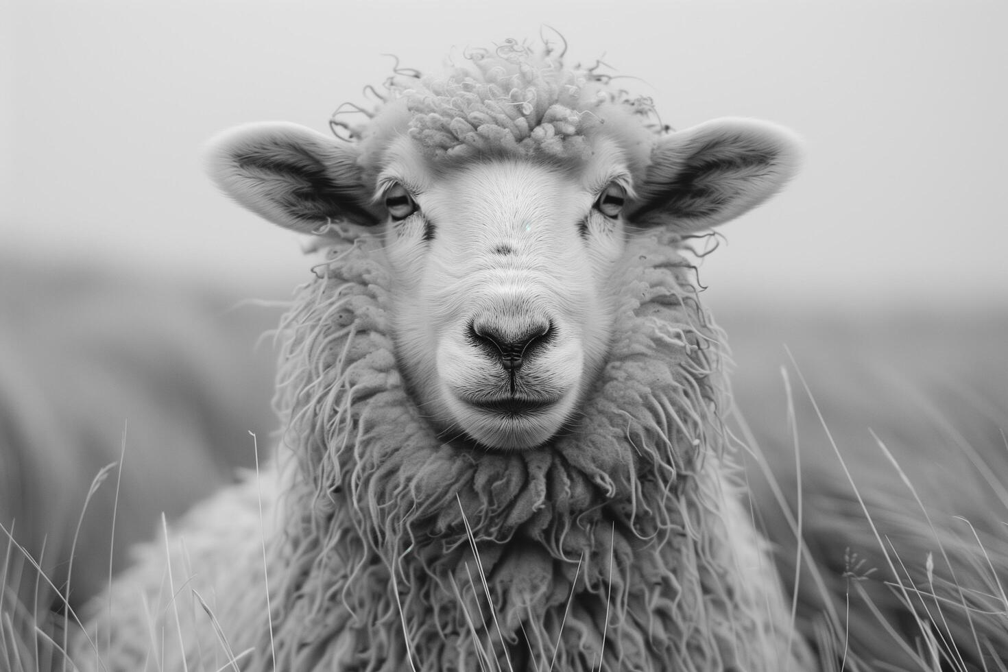 Black and white image of a sheep peacefully grazing in a field photo