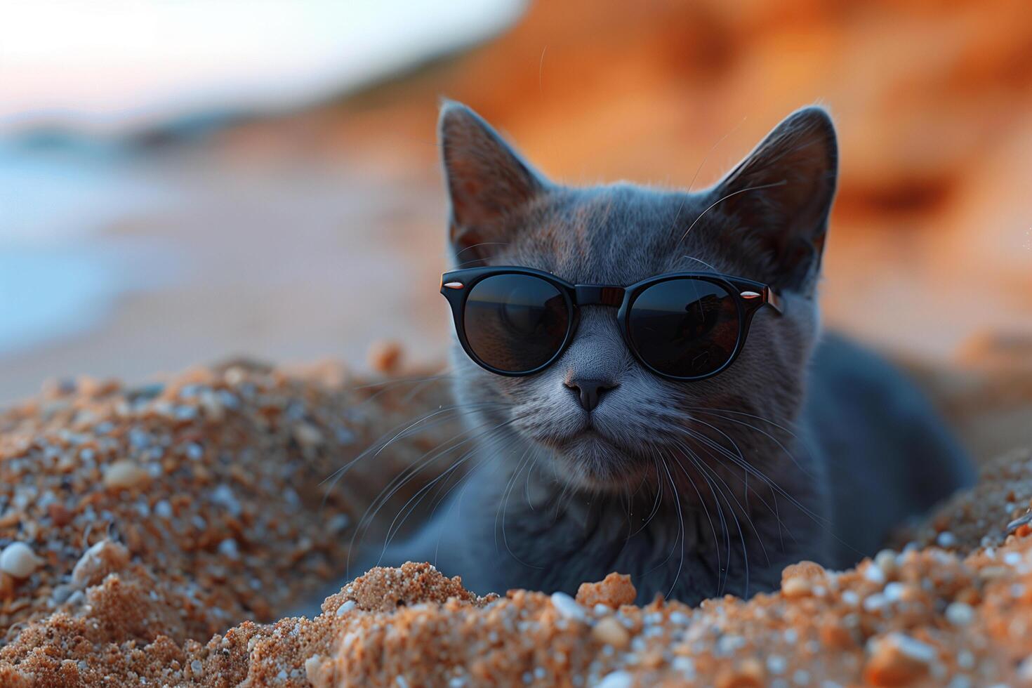 A black-haired cat wearing sunglasses sits on the sandy beach photo