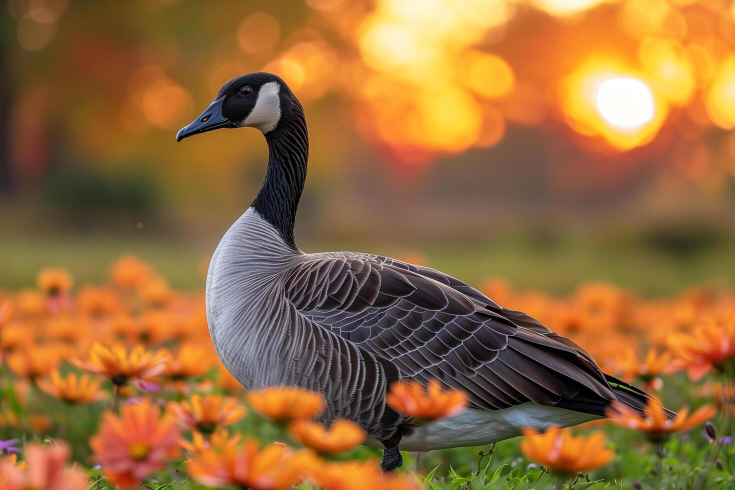 A goose stands among vibrant flowers in a field photo
