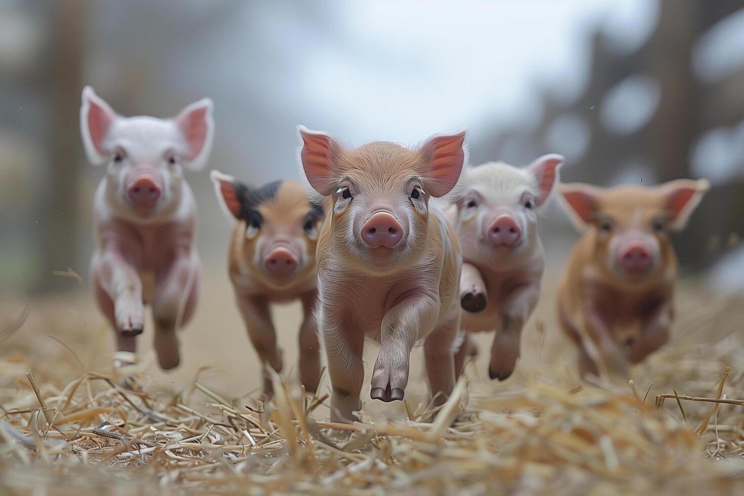 A group of small piglets sprinting through a lush field photo