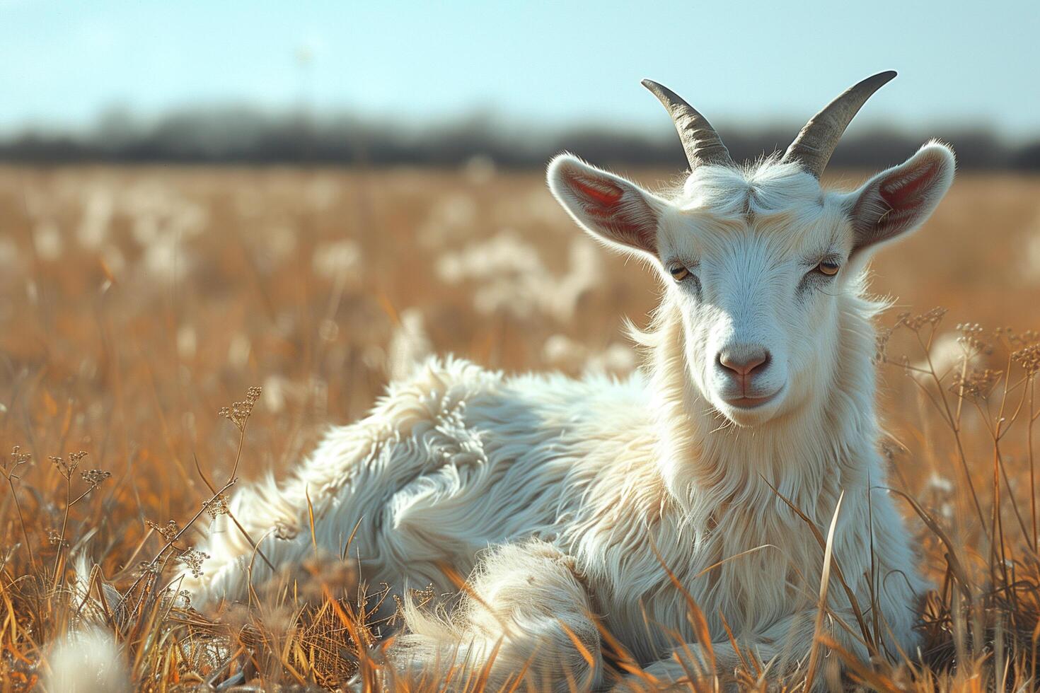 A goat is laying down in a field filled with tall grass photo