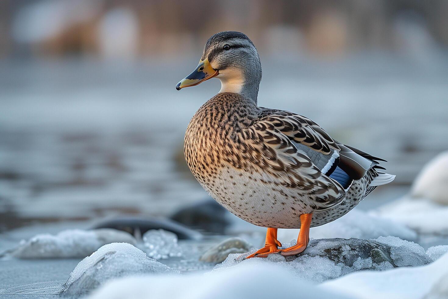 A duck stands on ice floating in water photo