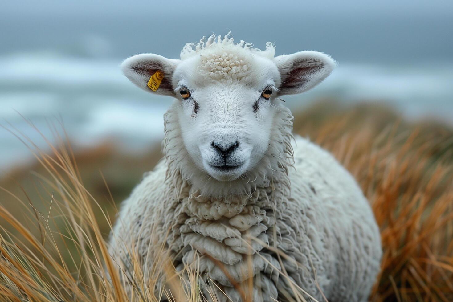 A close view of a sheep peacefully grazing in a lush green field photo