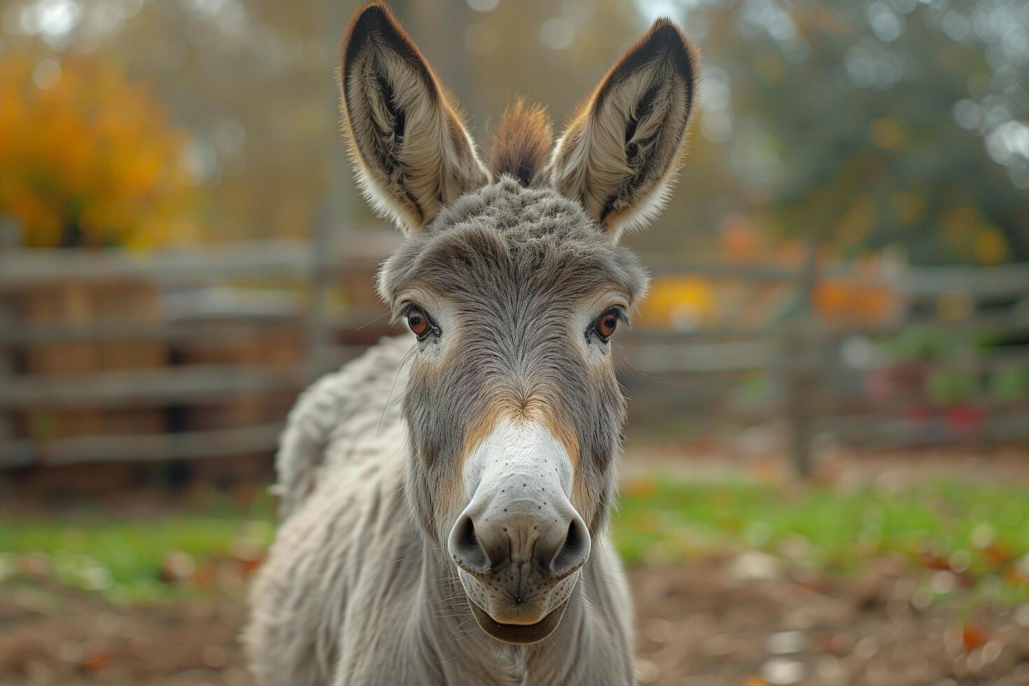 A donkey with a curious gaze facing the camera in a yard photo