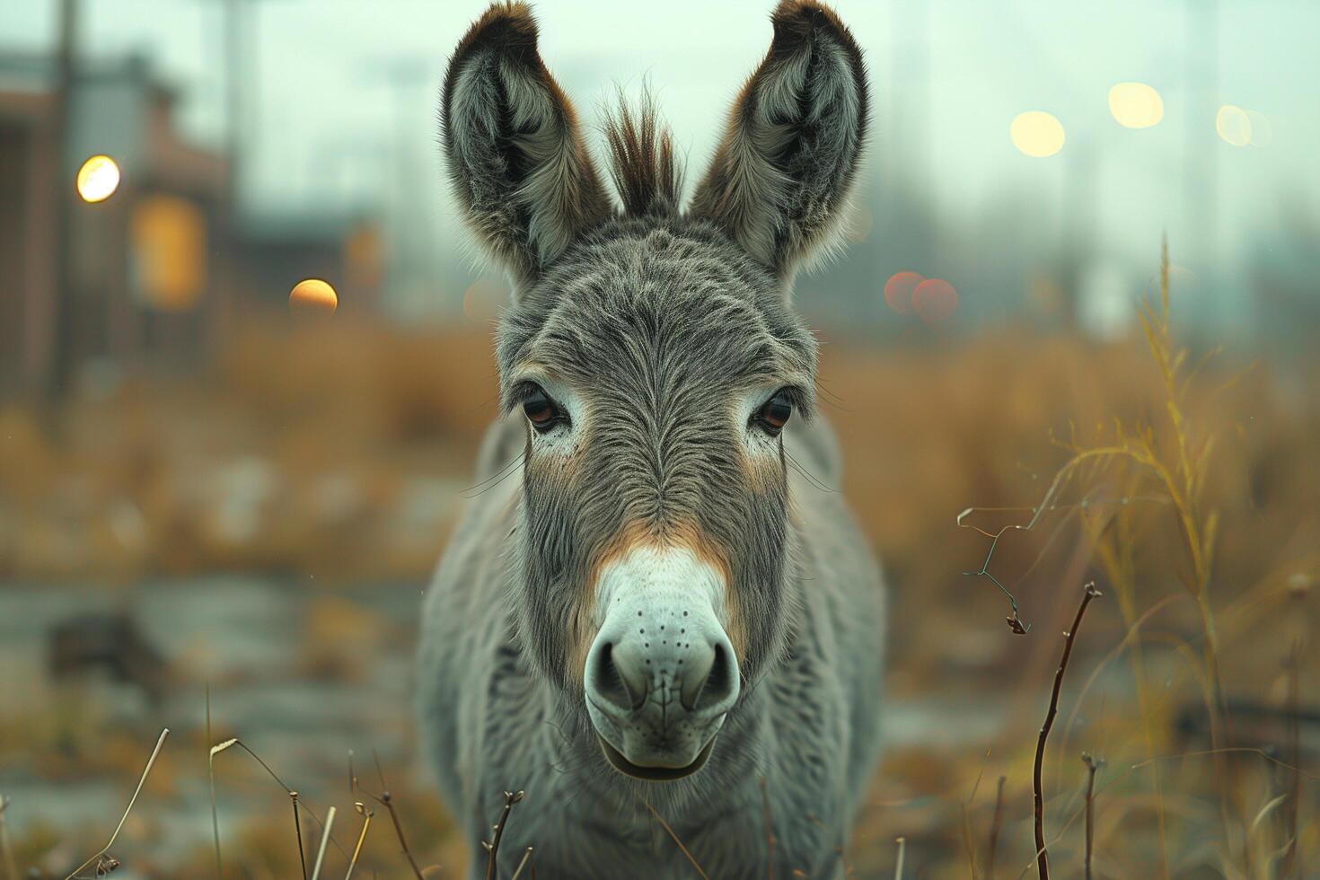 A detailed view of a donkey feeding in a grassy field photo