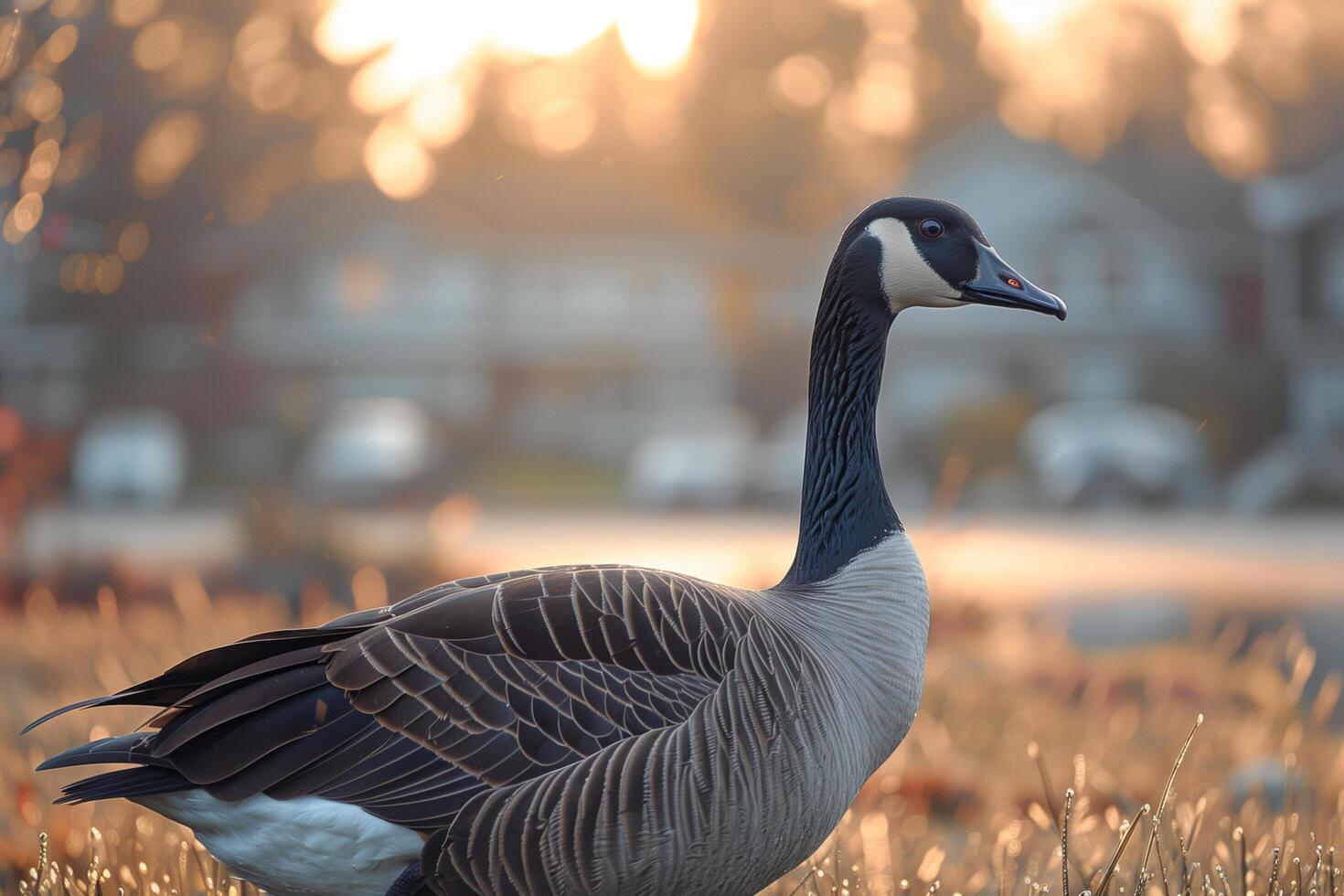 A goose stands in a field covered with green grass photo