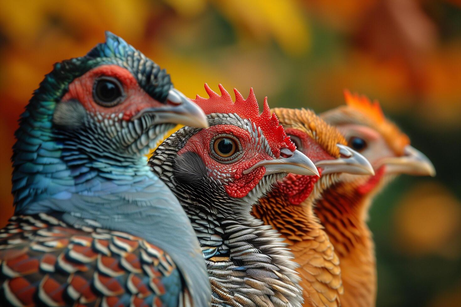 A cluster of vibrant chickens standing side by side in a row photo