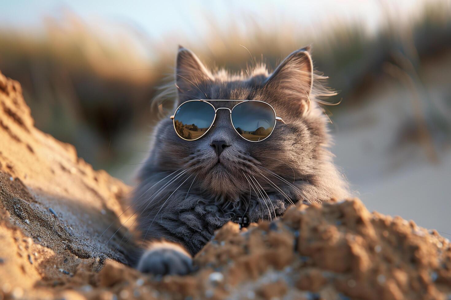 A black cat wearing sunglasses relaxing on a rock in a sunny beach setting photo