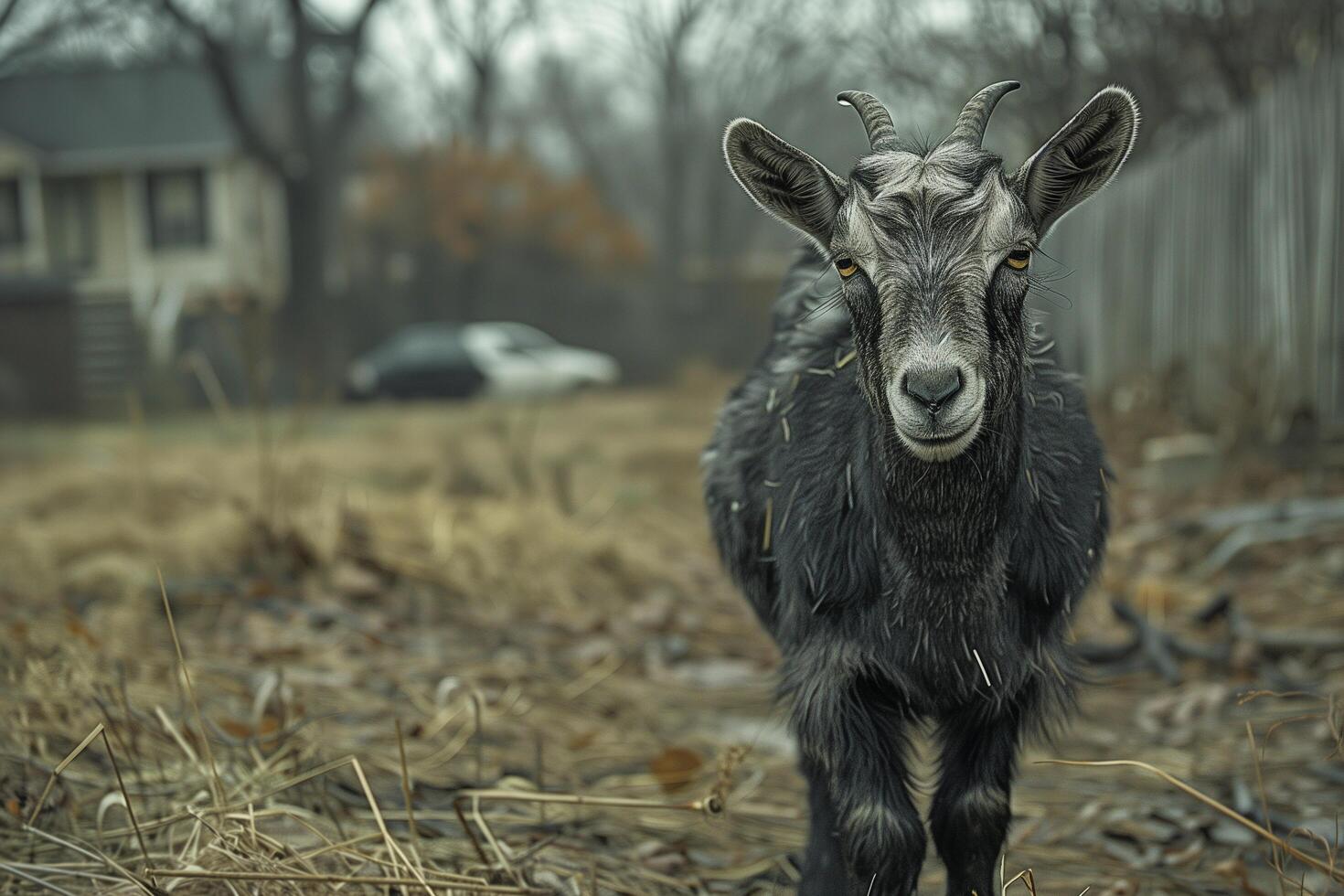 A goat is standing in the middle of a vast field photo