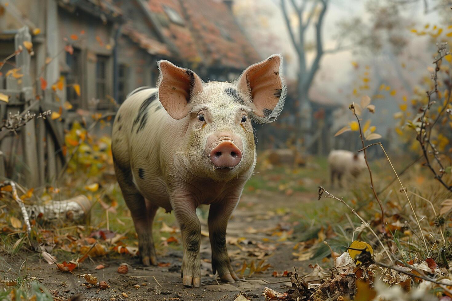 Pig stands on dirt road next to building photo