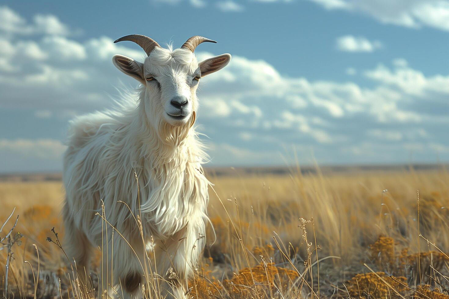 A goat standing and grazing in a field of tall grass photo