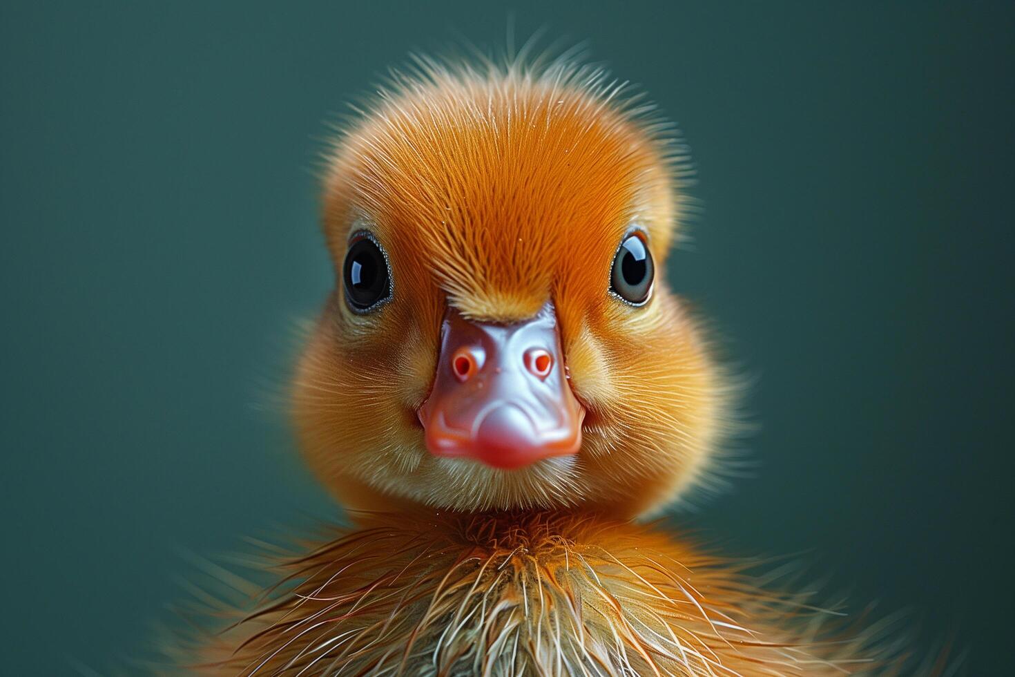 A close view of a duckling standing against a vibrant green backdrop photo