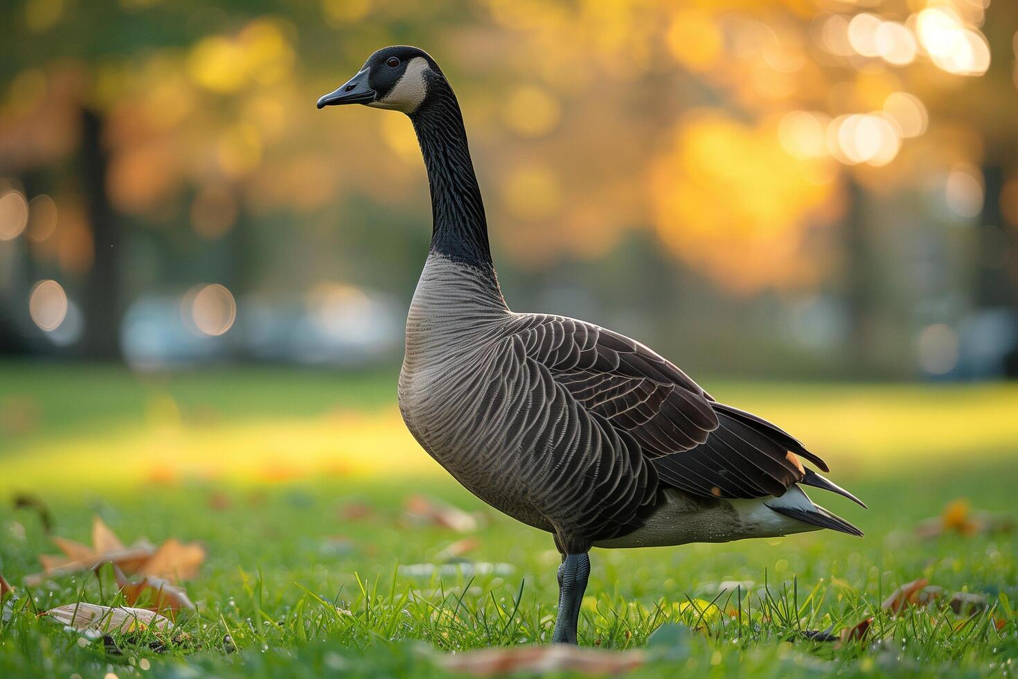 A goose stands in the grass at a park photo