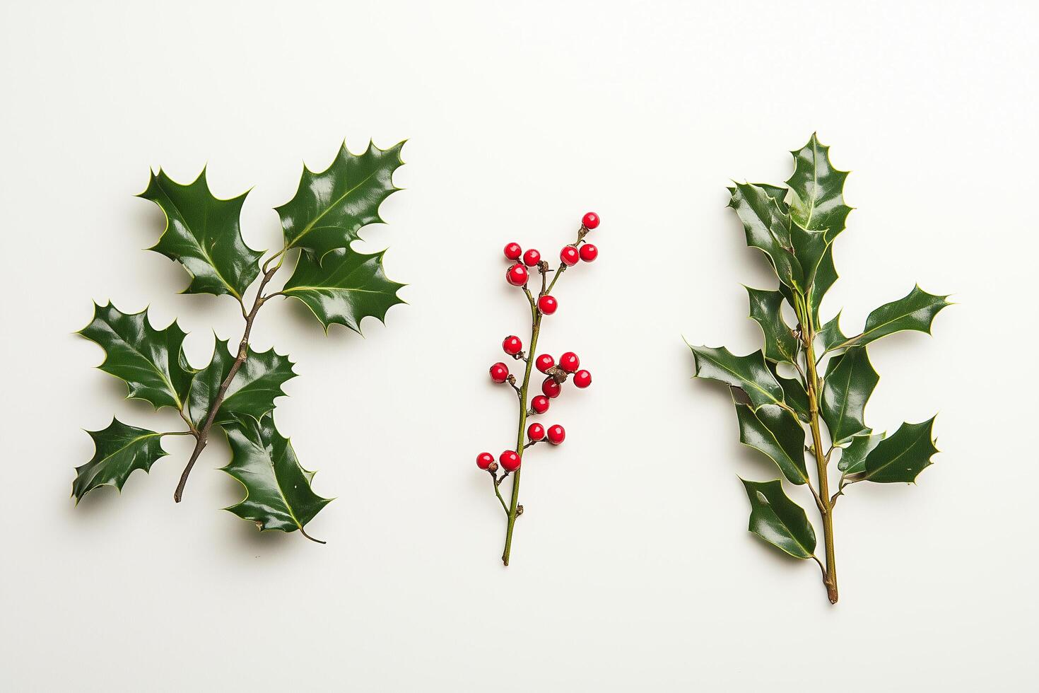 Sprig of holly with red berries lying on white background photo