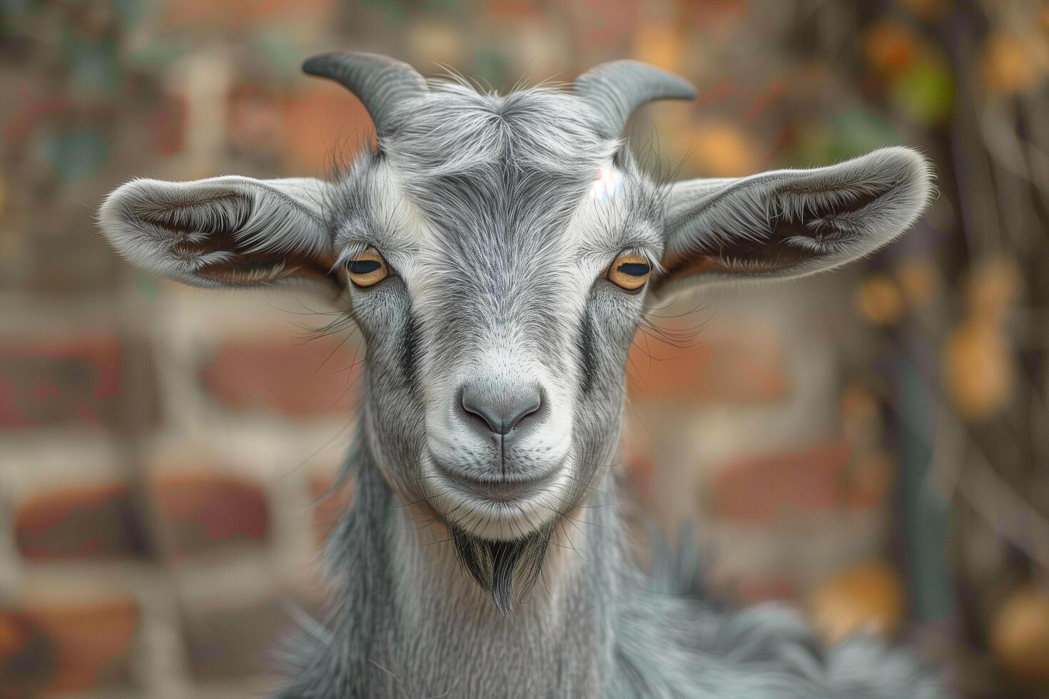 Close up of a goat standing in front of a brick wall photo