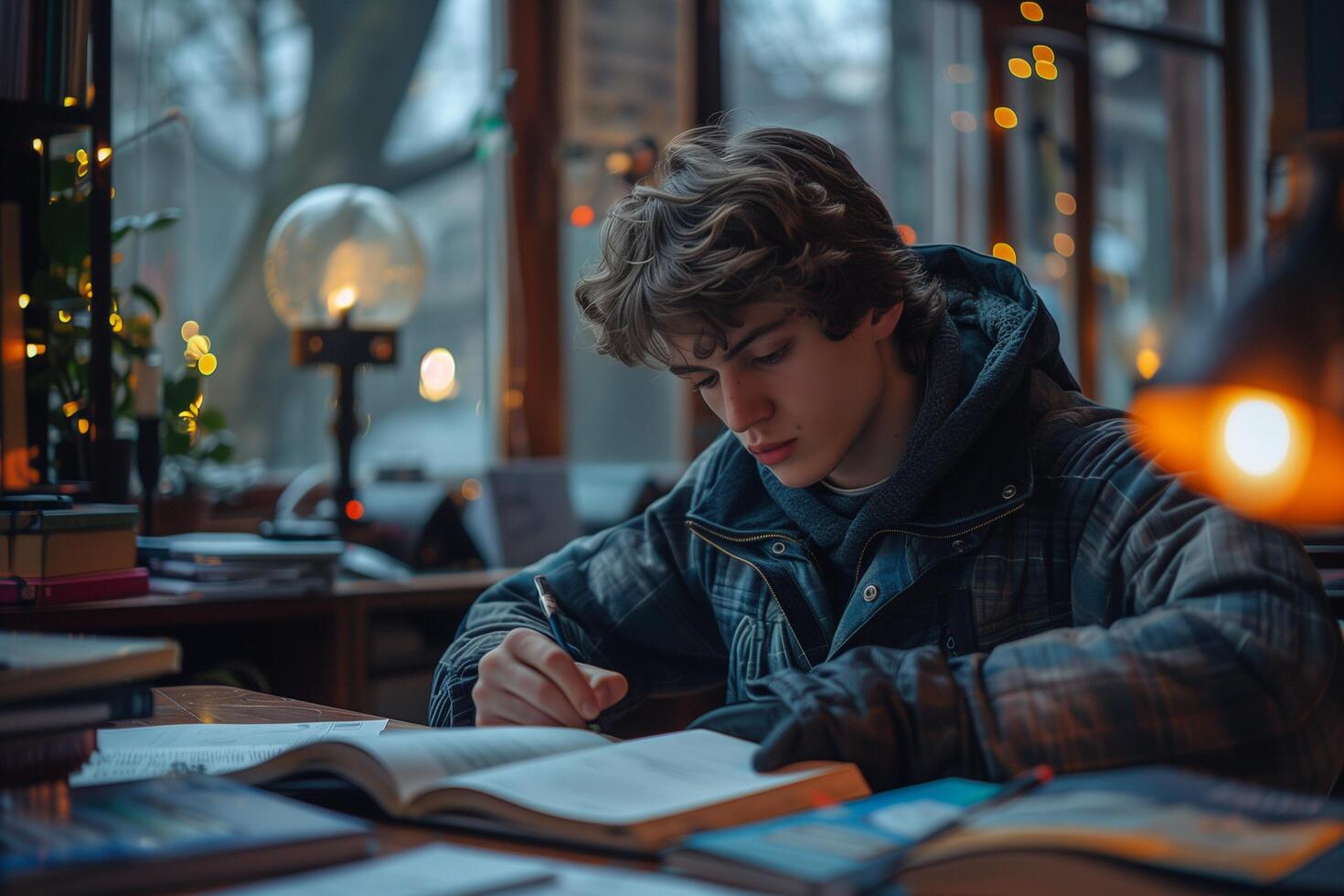 A teenager sits at a table engaged in studying with a book photo