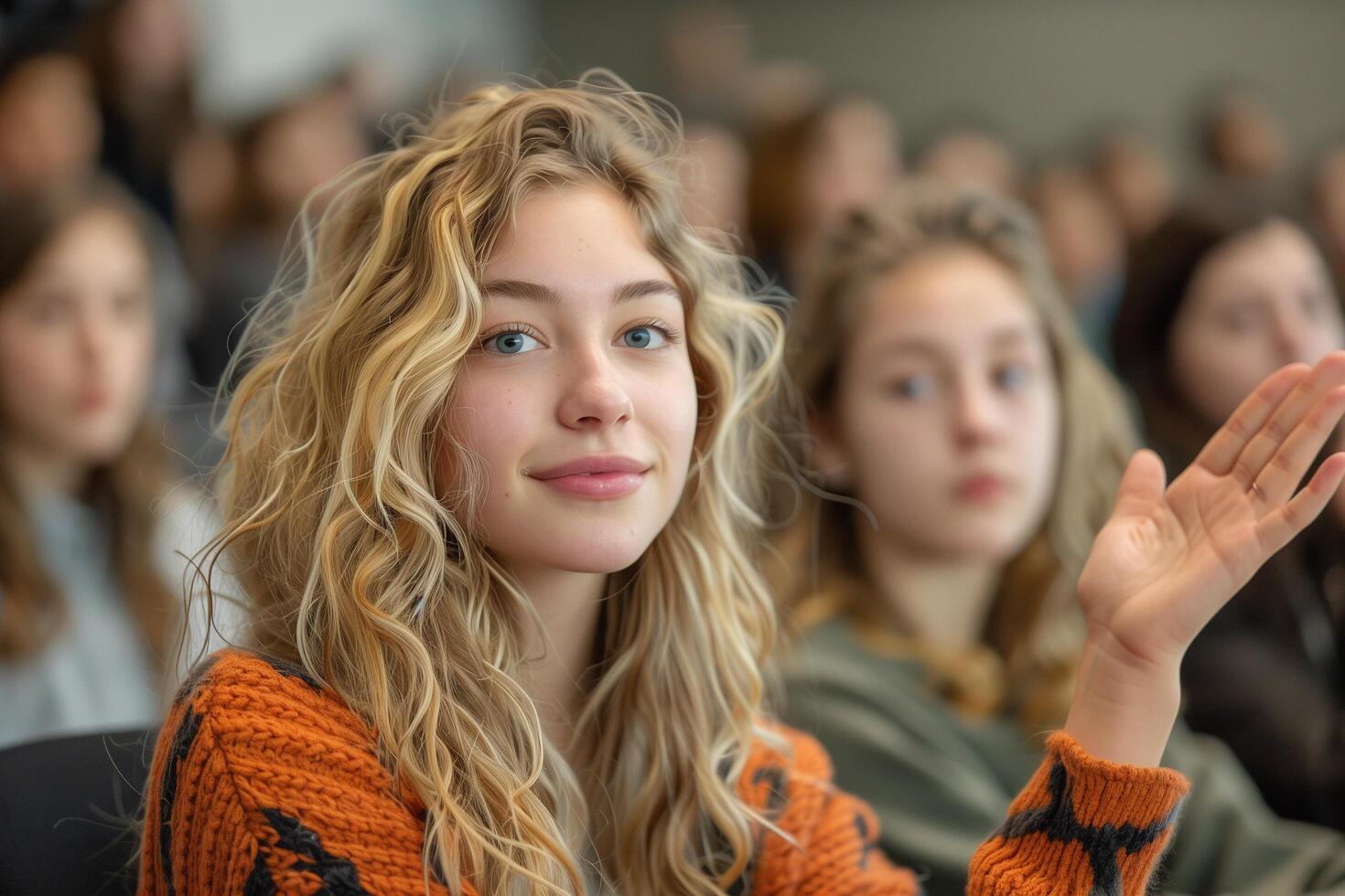 College students engaged in discussions while sitting in front of a crowd photo