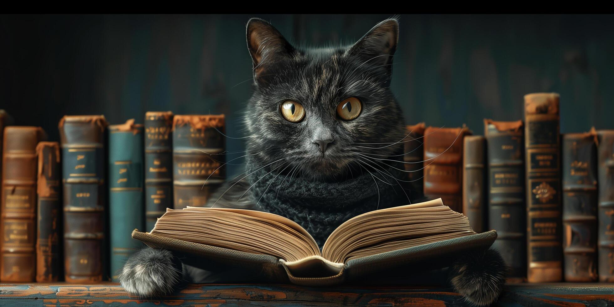 A black cat sits on a table next to a book photo