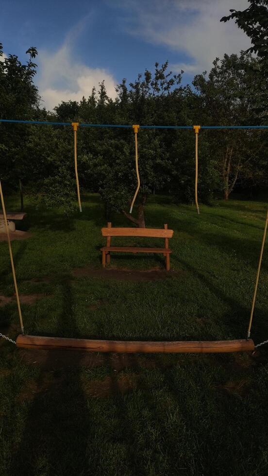 Wooden obstacle on the playground standing on green grass under cloudy sky photo
