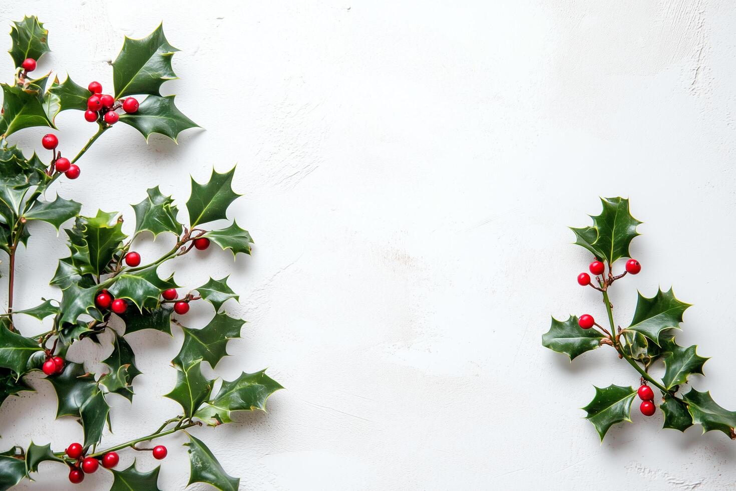 Christmas holly branches bordering white background with copy space photo