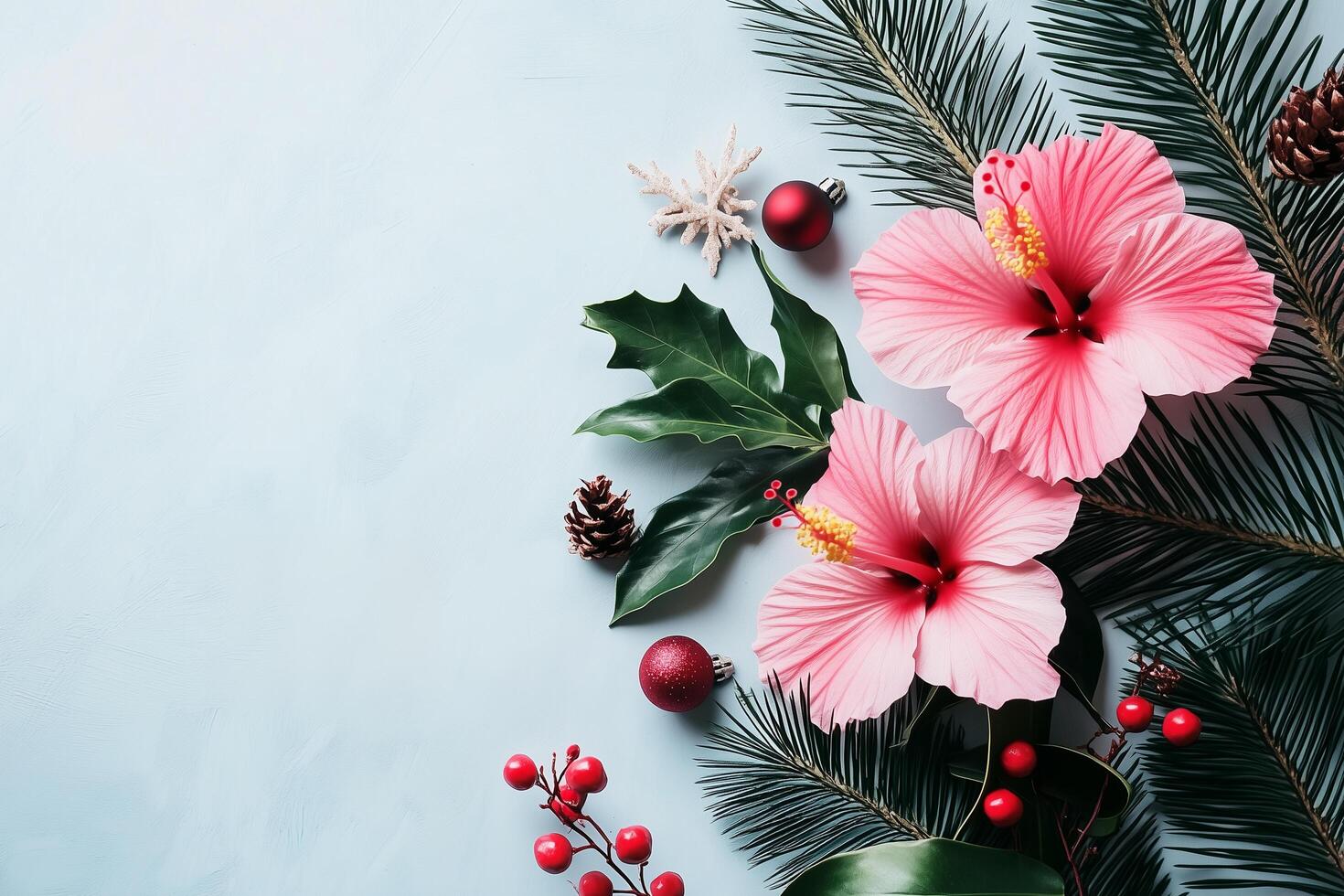 Christmas decoration with pink hibiscus flowers and fir tree branches on blue background photo