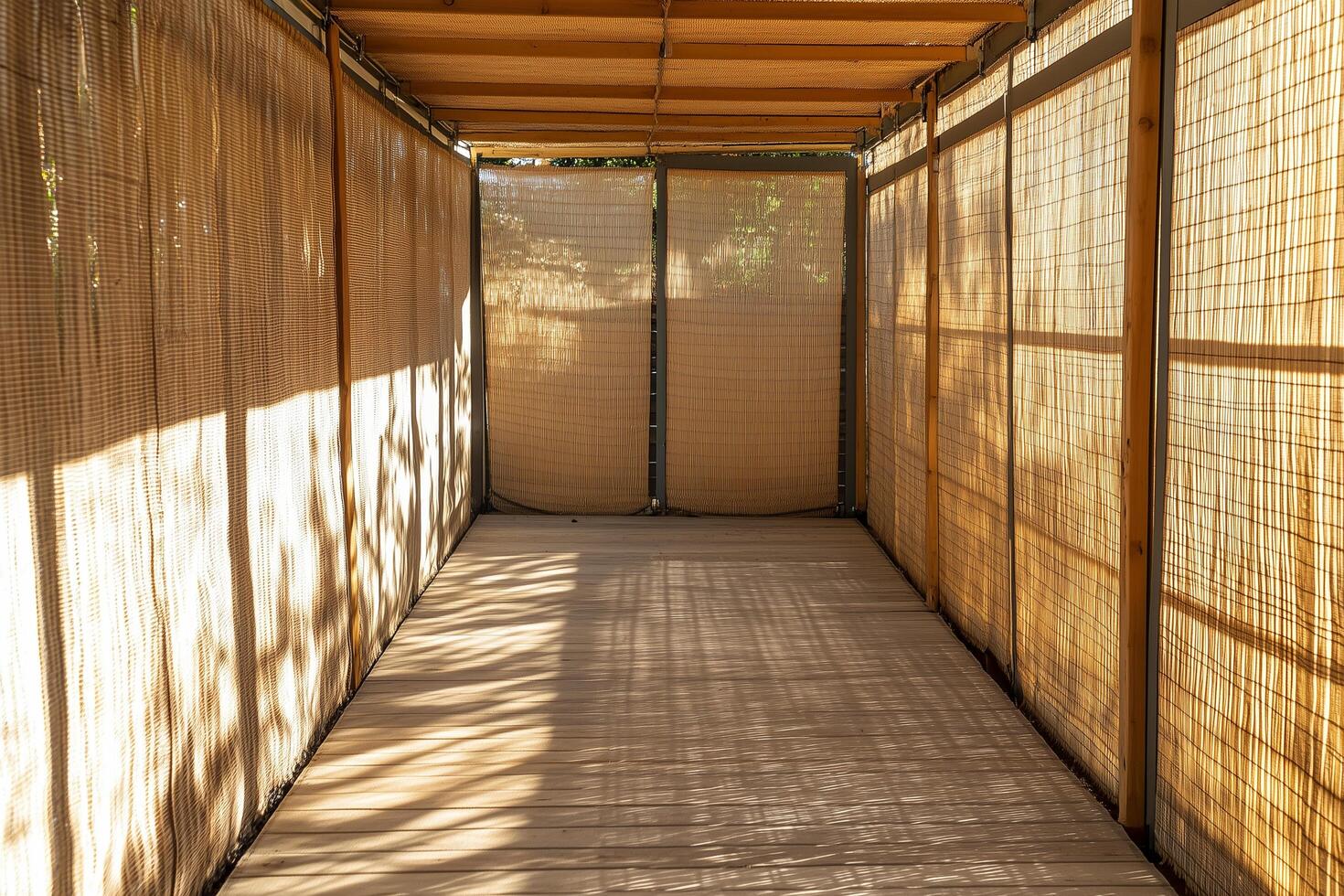 Sunlight shining through reed curtains on wooden porch creating shadows sukkah Sukkot photo