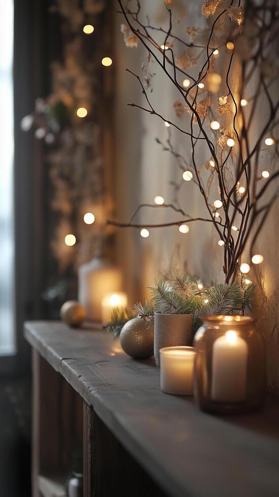 Christmas lights creating festive atmosphere on a wooden shelf photo