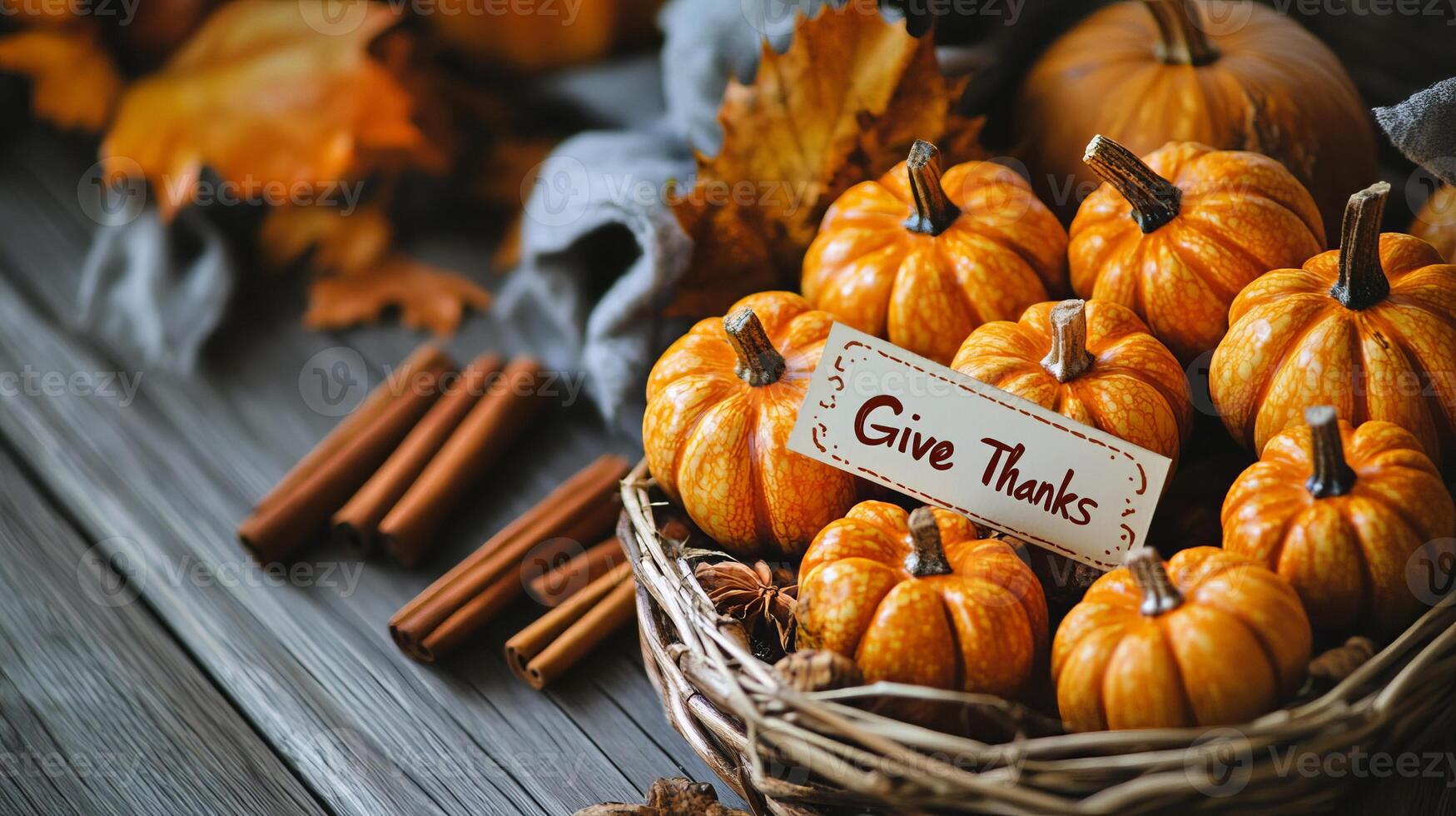 Autumn Pumpkins in Basket with Give Thanks Sign photo