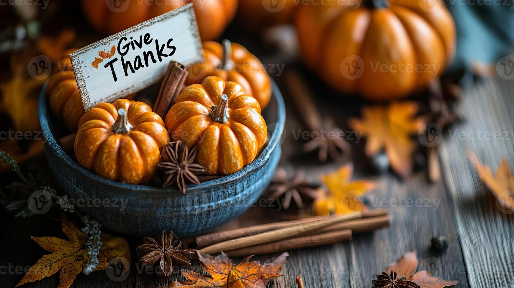 Thanksgiving Pumpkins Cinnamon Sticks and Star Anise in Blue Bowl photo