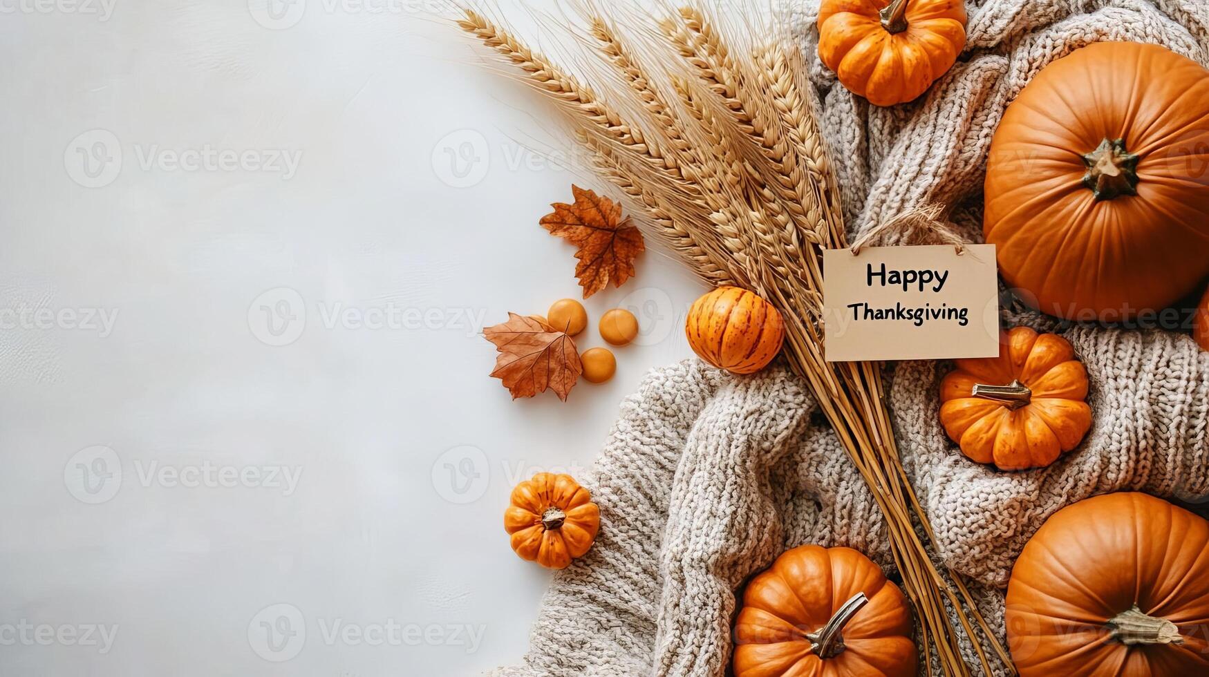 Happy Thanksgiving Autumn Decor with Pumpkins Wheat and Knit Blanket photo