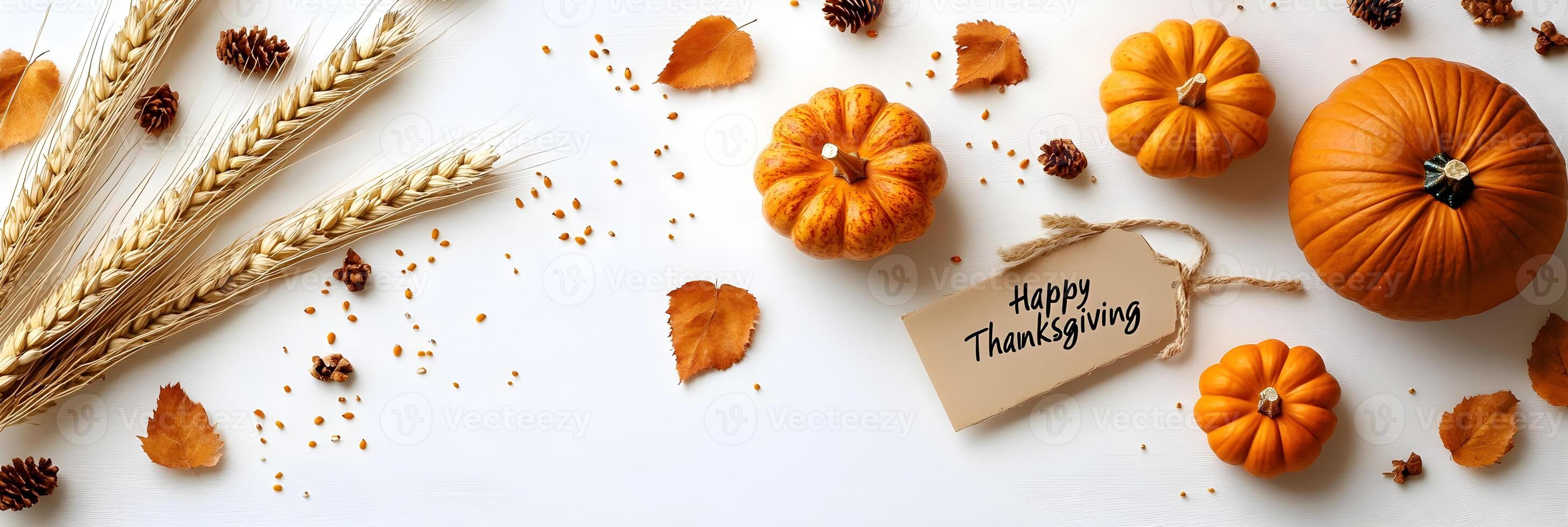 Happy Thanksgiving with Pumpkins Wheat and Autumn Leaves photo