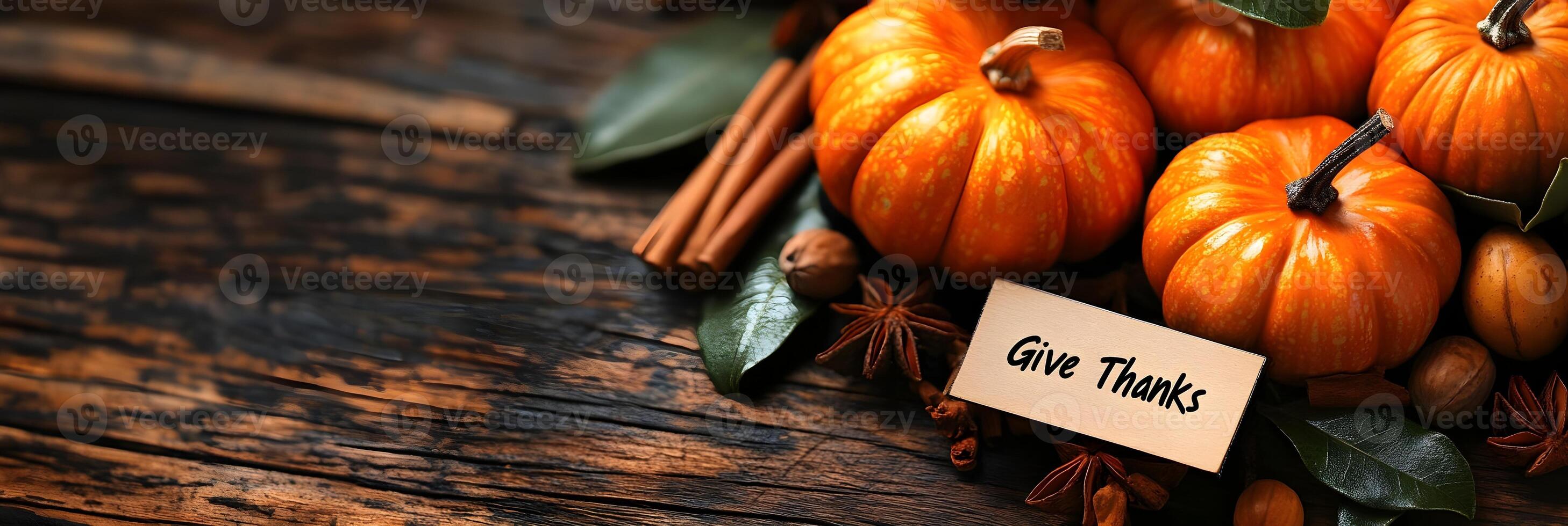 Thanksgiving Pumpkins Cinnamon Sticks and Star Anise on Rustic Wood photo