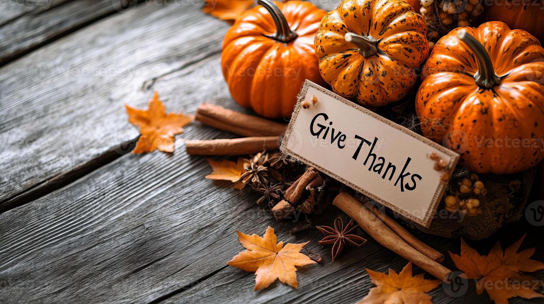 Autumn Thanksgiving Pumpkins Leaves Cinnamon Sticks Star Anise on Rustic Wood photo