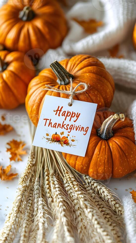 Happy Thanksgiving Pumpkins with Wheat and Fall Leaves photo