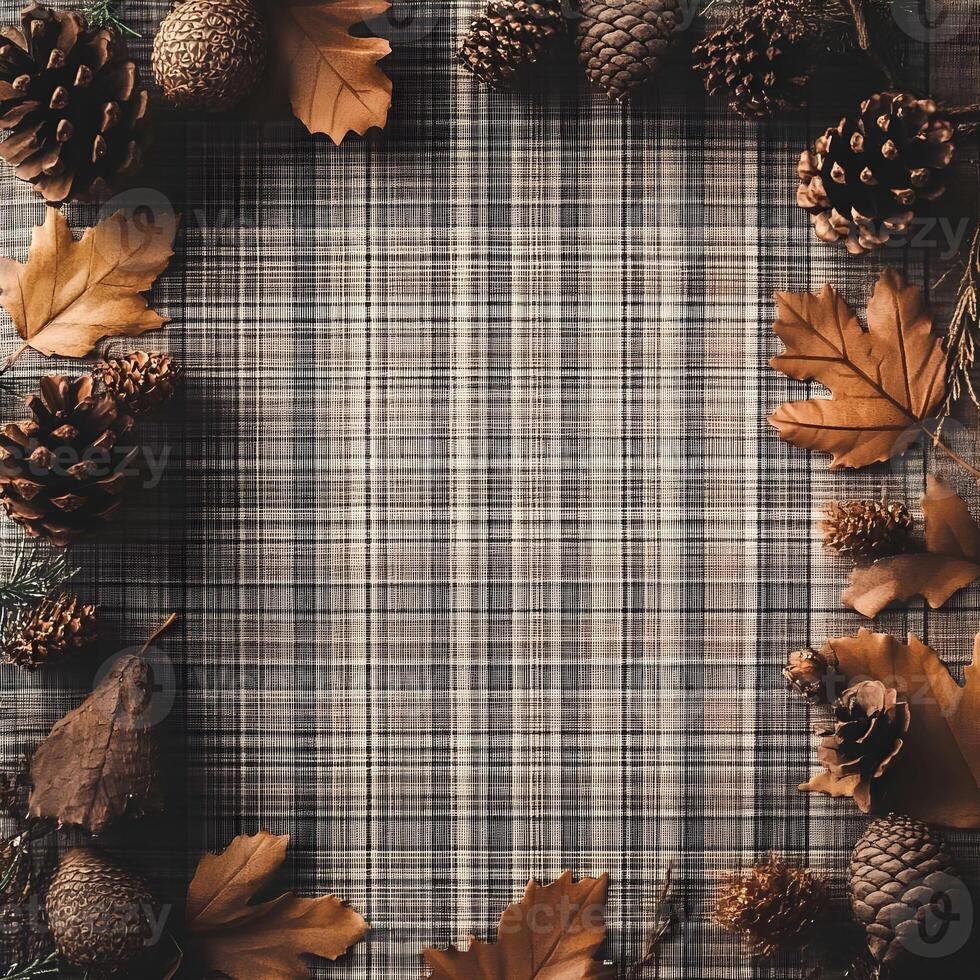 Autumnal Frame with Pine Cones Leaves and Plaid Background photo
